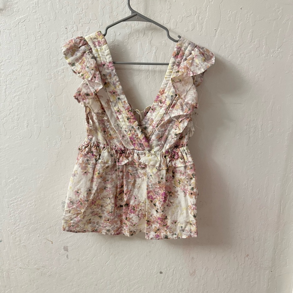 MUNTHE Rent the Runway Herb Ruffle Flutter Sleeve Floral Open Back Blouse 10 /40 - Picture 3 of 8